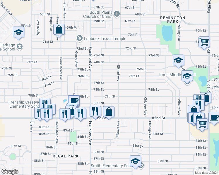 map of restaurants, bars, coffee shops, grocery stores, and more near 5710 78th St in Lubbock
