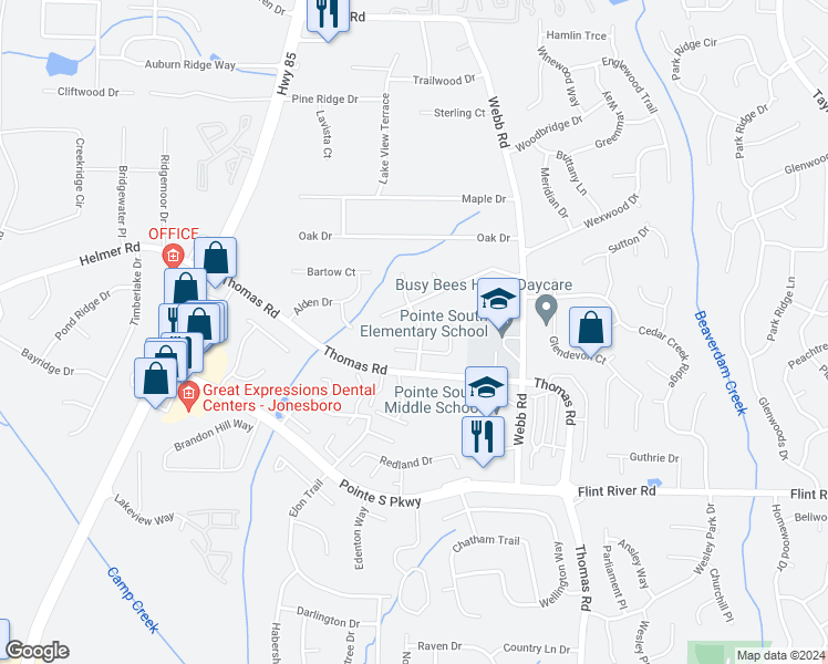 map of restaurants, bars, coffee shops, grocery stores, and more near 8495 North Pond Drive in Riverdale
