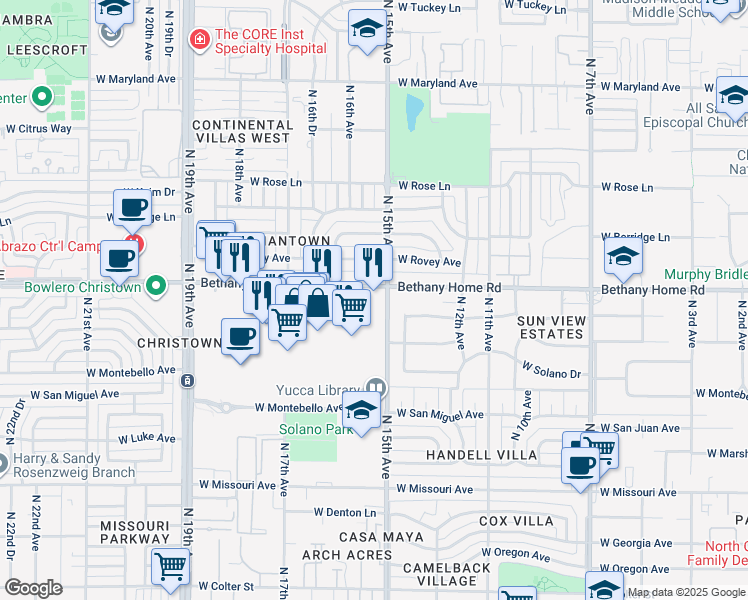 map of restaurants, bars, coffee shops, grocery stores, and more near 5848 North 15th Avenue in Phoenix