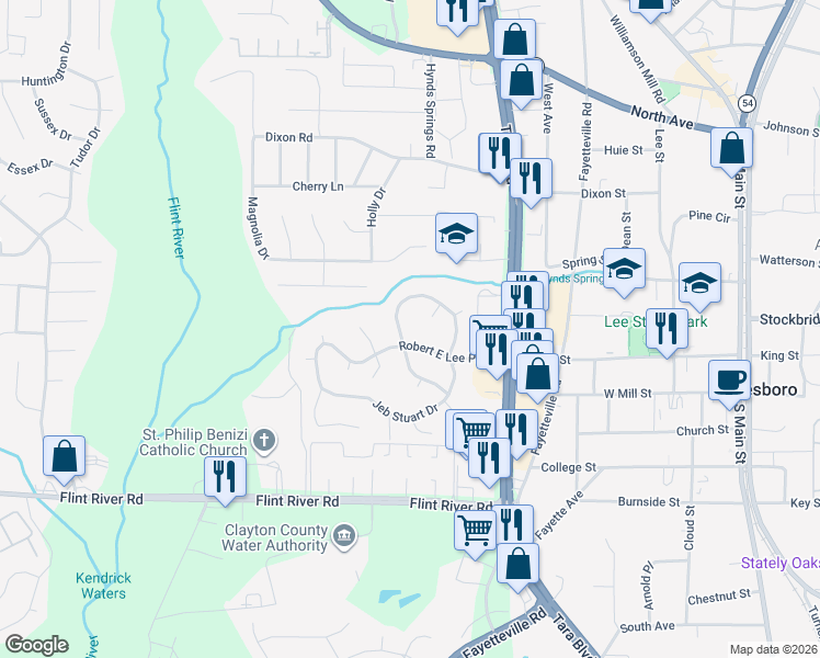 map of restaurants, bars, coffee shops, grocery stores, and more near 8464 Stonewall Jackson Drive in Jonesboro