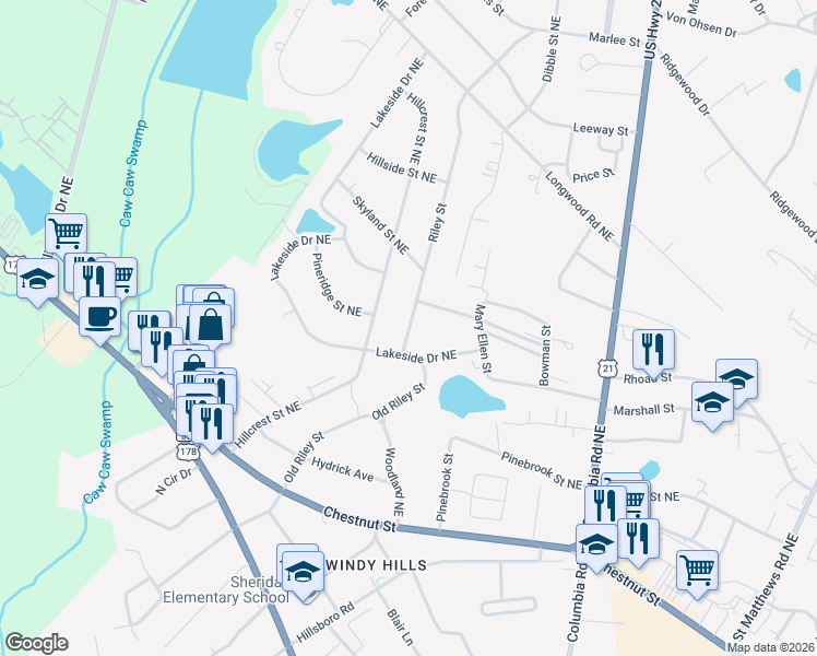 map of restaurants, bars, coffee shops, grocery stores, and more near 2494 Riley Street in Orangeburg
