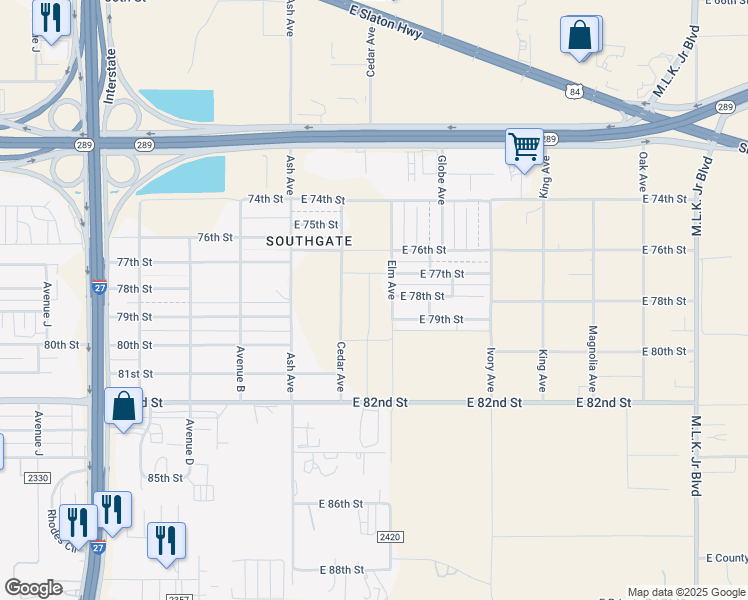 map of restaurants, bars, coffee shops, grocery stores, and more near 7602 Elm Avenue in Lubbock