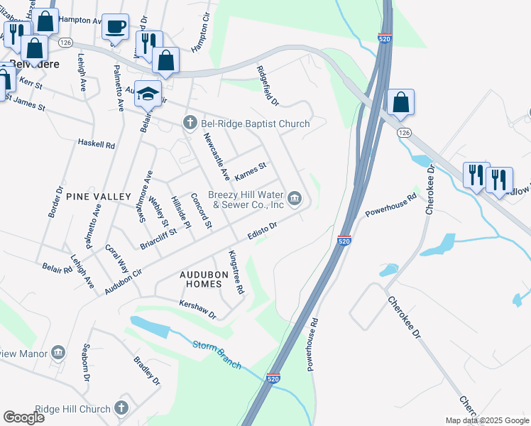 map of restaurants, bars, coffee shops, grocery stores, and more near 442 Audubon Circle in North Augusta