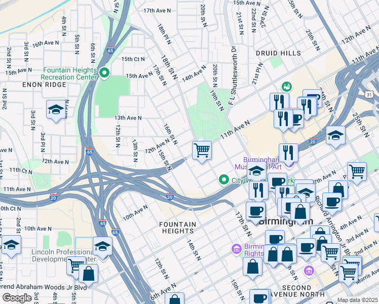 map of restaurants, bars, coffee shops, grocery stores, and more near 1614 11th Avenue North in Birmingham
