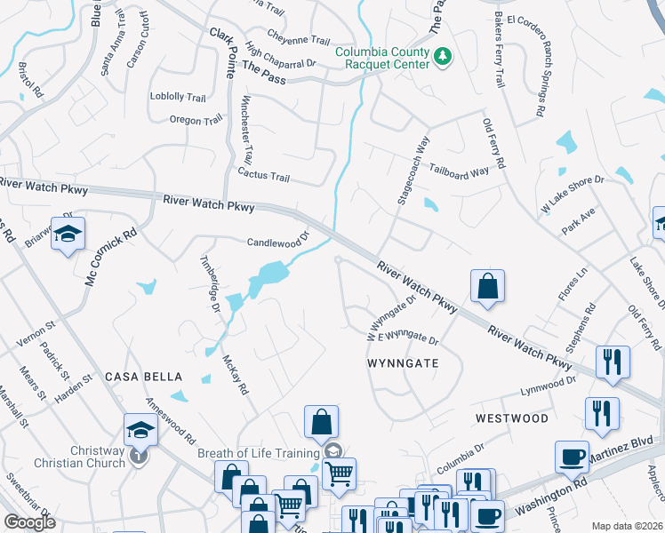 map of restaurants, bars, coffee shops, grocery stores, and more near 353 East Wynngate Drive in Martinez