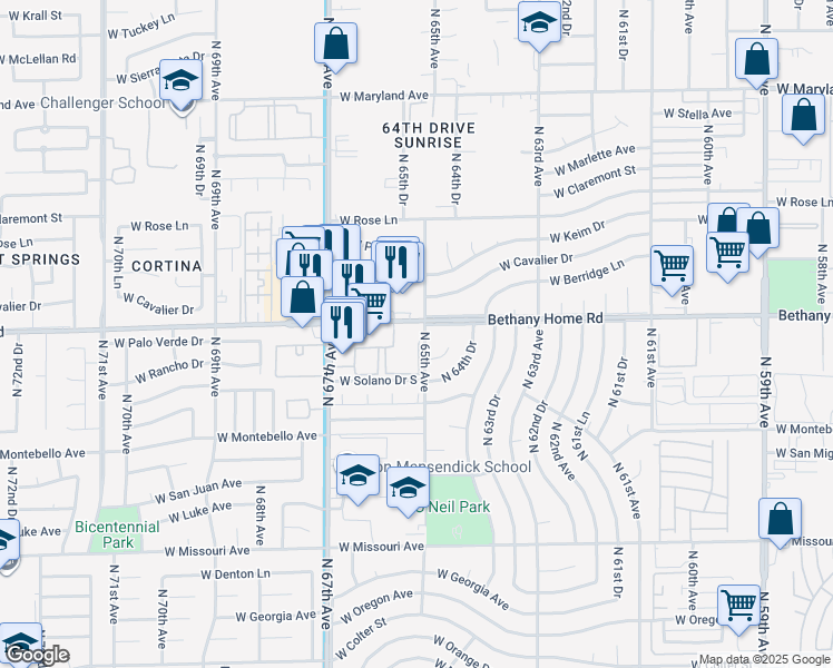 map of restaurants, bars, coffee shops, grocery stores, and more near 6565 West Bethany Home Road in Glendale