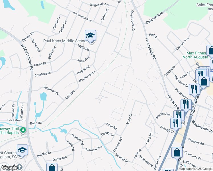 map of restaurants, bars, coffee shops, grocery stores, and more near 121 Cascade Drive in North Augusta