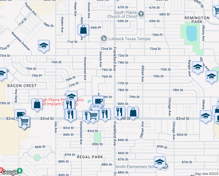 map of restaurants, bars, coffee shops, grocery stores, and more near 5806 78th Street in Lubbock