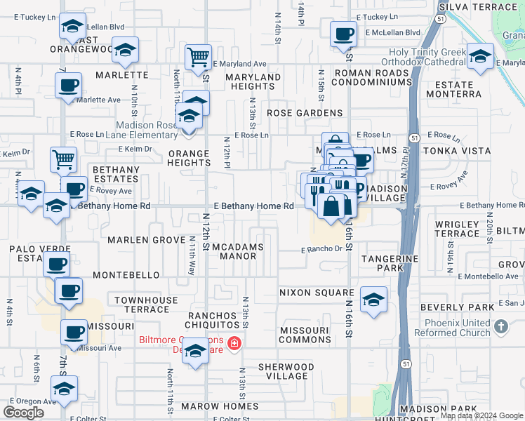 map of restaurants, bars, coffee shops, grocery stores, and more near 1317 East Bethany Home Road in Phoenix