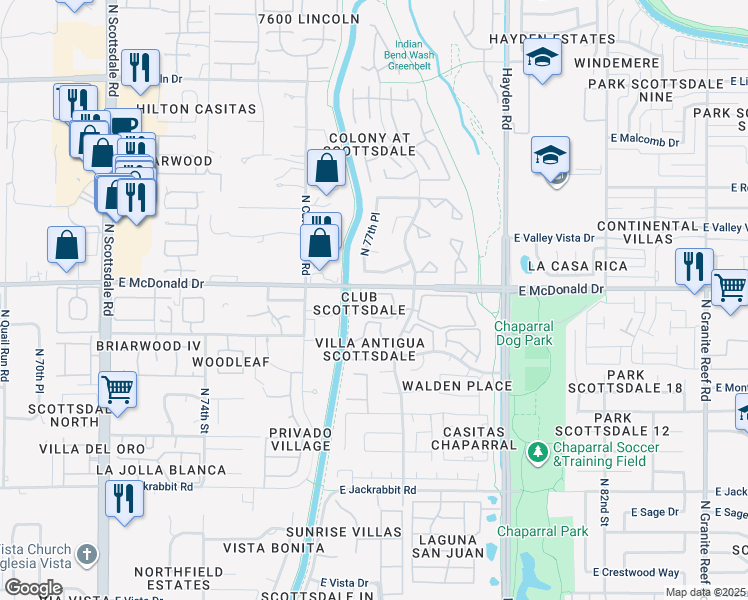 map of restaurants, bars, coffee shops, grocery stores, and more near 7675 East McDonald Drive in Scottsdale