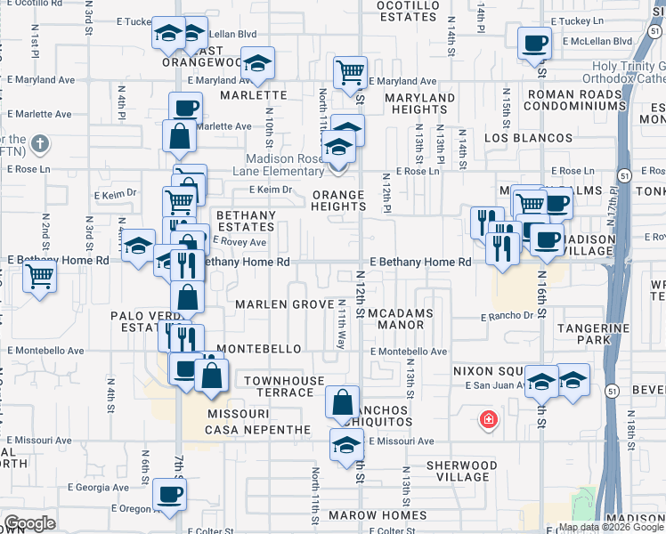 map of restaurants, bars, coffee shops, grocery stores, and more near 11-17 East Bethany Home Road in Phoenix