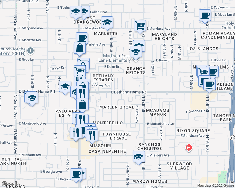 map of restaurants, bars, coffee shops, grocery stores, and more near 1003 East Bethany Home Road in Phoenix