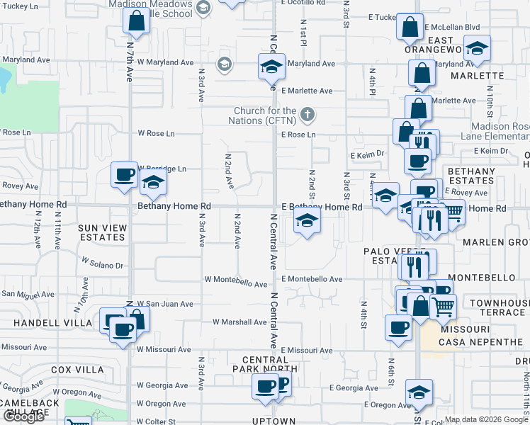 map of restaurants, bars, coffee shops, grocery stores, and more near in Phoenix