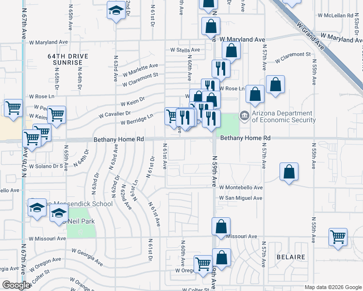 map of restaurants, bars, coffee shops, grocery stores, and more near in Glendale