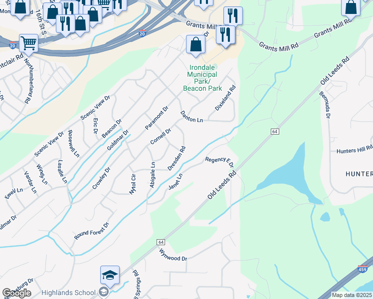 map of restaurants, bars, coffee shops, grocery stores, and more near 725 Terry Lane in Irondale