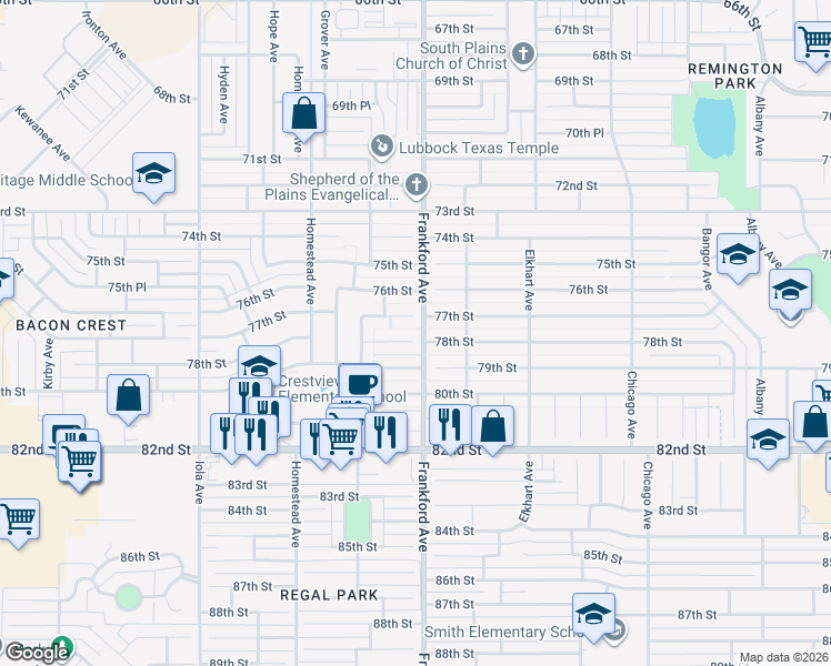map of restaurants, bars, coffee shops, grocery stores, and more near 5802 78th Street in Lubbock