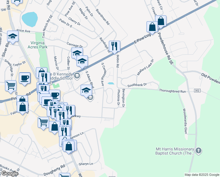 map of restaurants, bars, coffee shops, grocery stores, and more near 415 Churchill Circle in Aiken