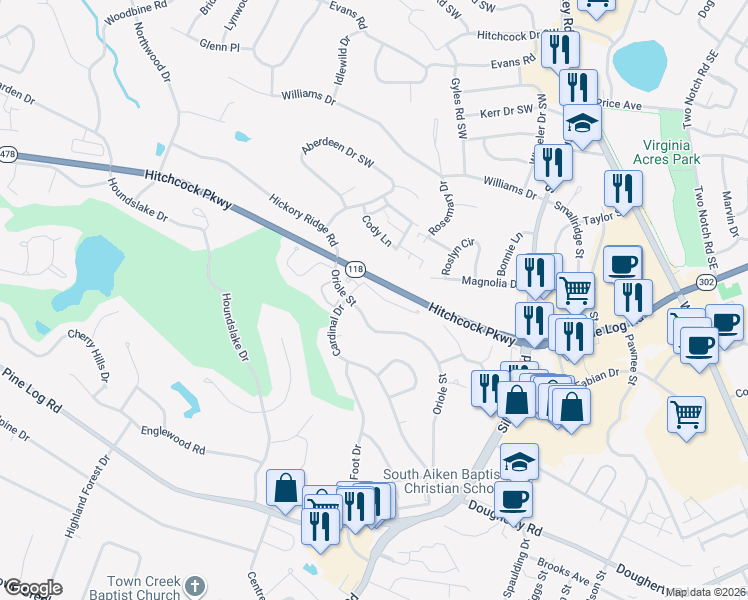 map of restaurants, bars, coffee shops, grocery stores, and more near 726 Oriole Street in Aiken