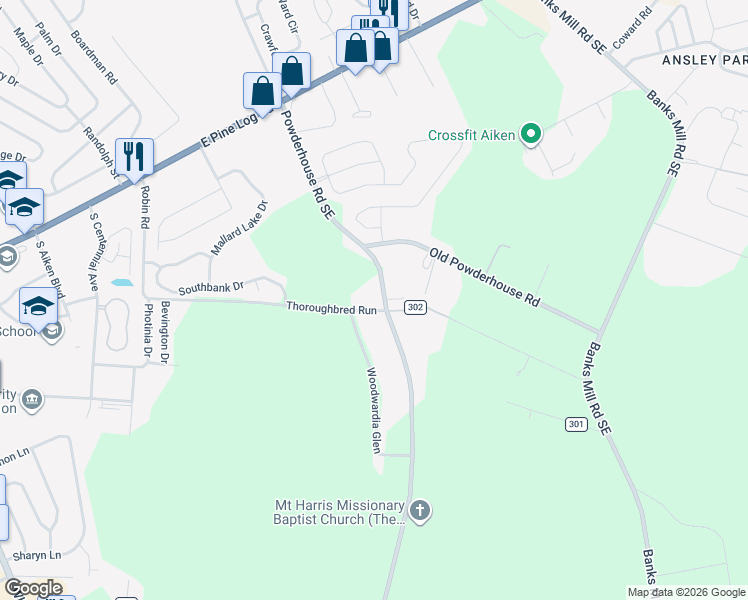 map of restaurants, bars, coffee shops, grocery stores, and more near 1448 Powderhouse Road Southeast in Aiken