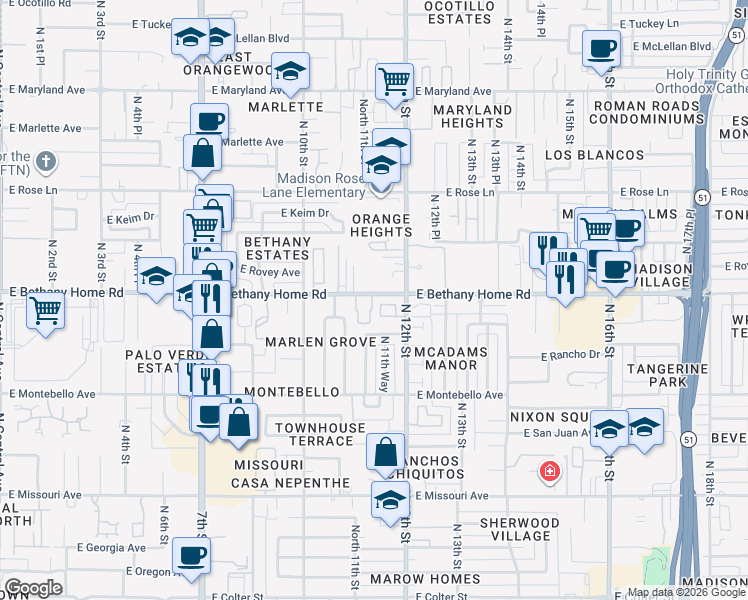 map of restaurants, bars, coffee shops, grocery stores, and more near 11-17 East Bethany Home Road in Phoenix