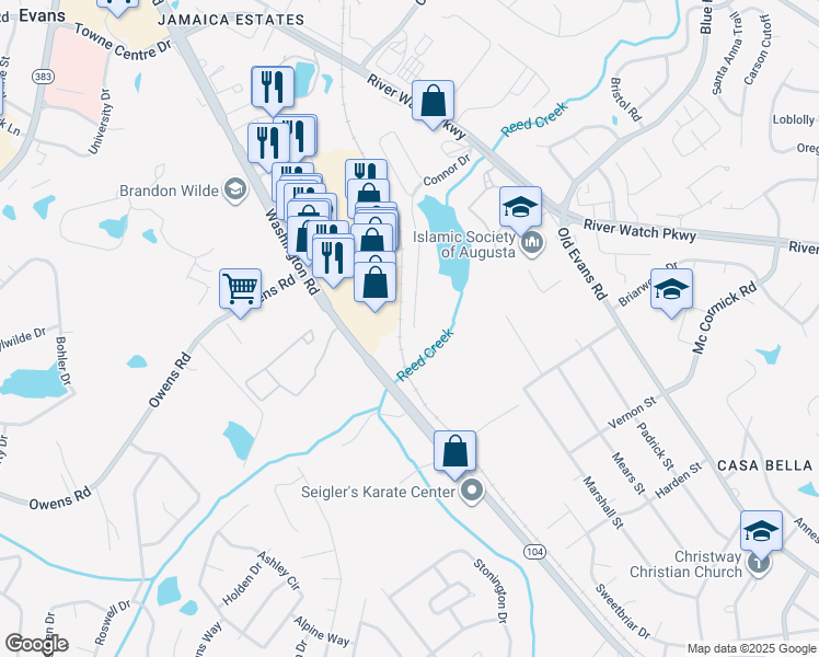 map of restaurants, bars, coffee shops, grocery stores, and more near 5577 Connor Drive in Evans