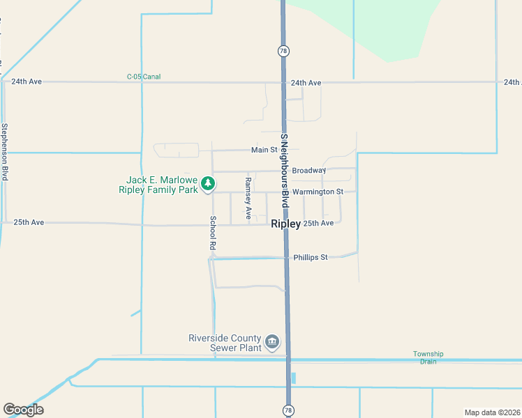 map of restaurants, bars, coffee shops, grocery stores, and more near 24946 Degan Avenue in Ripley