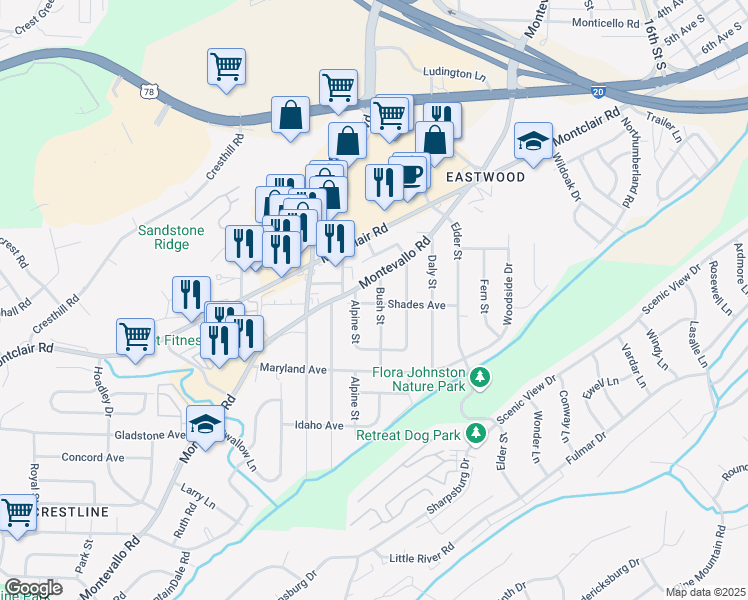 map of restaurants, bars, coffee shops, grocery stores, and more near 124 Bush St in Irondale