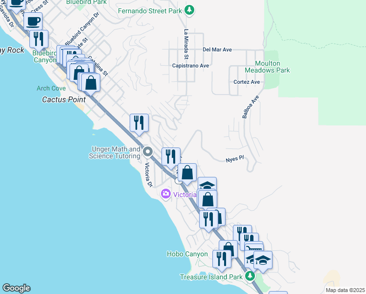 map of restaurants, bars, coffee shops, grocery stores, and more near 426 Nyes Place in Laguna Beach
