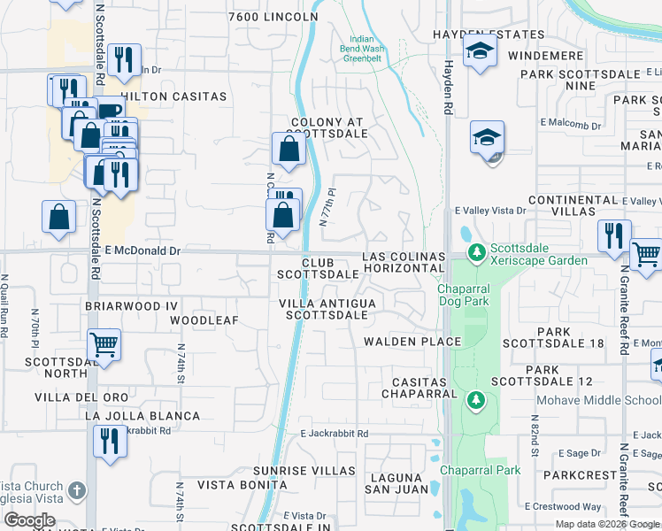 map of restaurants, bars, coffee shops, grocery stores, and more near 7675 East McDonald Drive in Scottsdale
