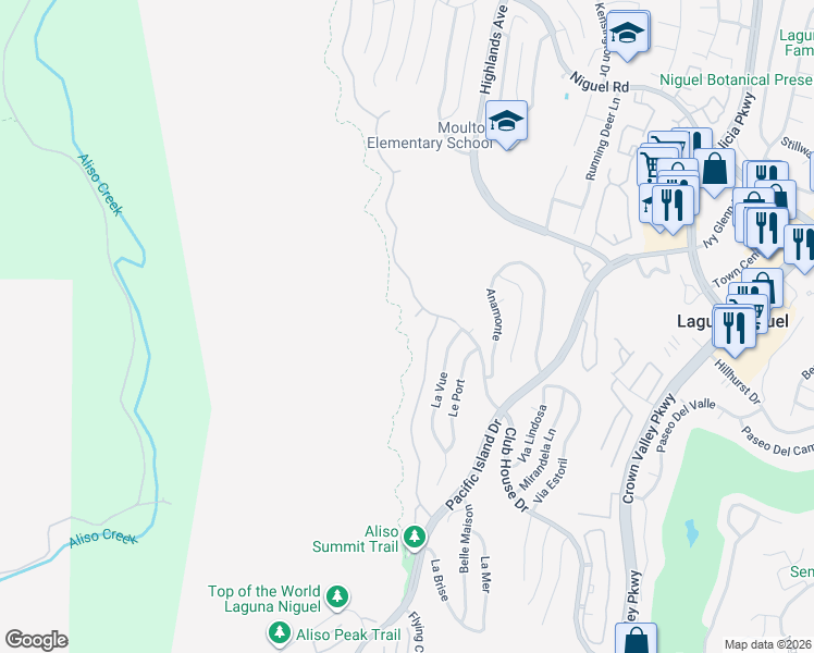 map of restaurants, bars, coffee shops, grocery stores, and more near 5 Vista Court in Laguna Niguel