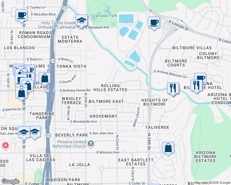 map of restaurants, bars, coffee shops, grocery stores, and more near 2131 East Bethany Home Road in Phoenix