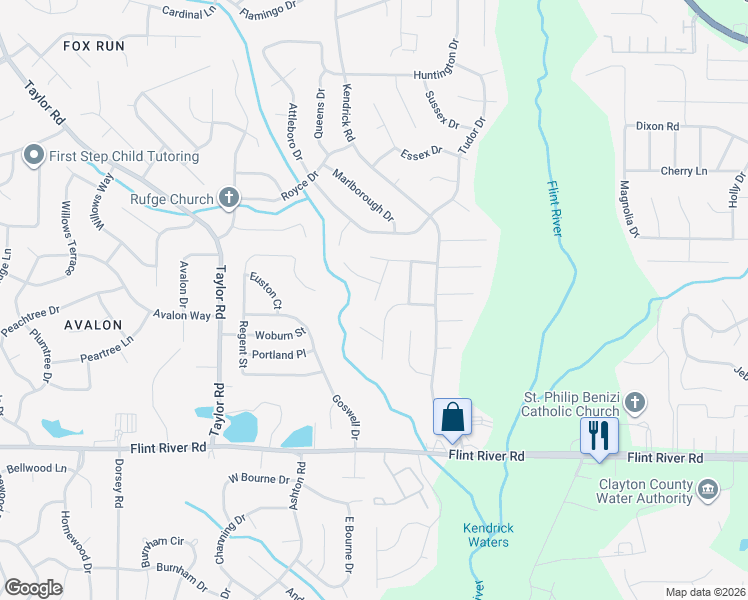 map of restaurants, bars, coffee shops, grocery stores, and more near 8481 Moultrie Drive in Jonesboro