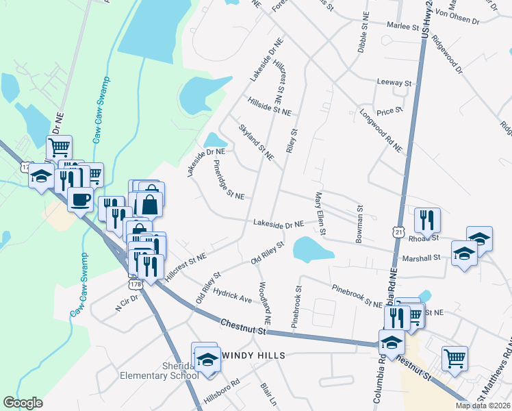 map of restaurants, bars, coffee shops, grocery stores, and more near 2464 Hillcrest Street Northeast in Orangeburg