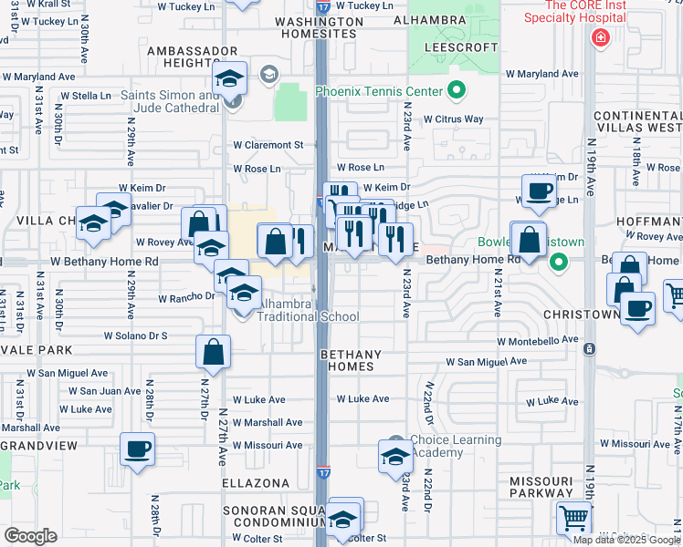map of restaurants, bars, coffee shops, grocery stores, and more near 2417 West Bethany Home Road in Phoenix