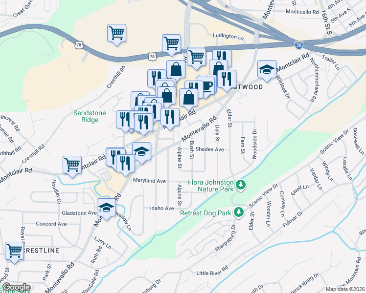 map of restaurants, bars, coffee shops, grocery stores, and more near 124 Bush Street in Irondale