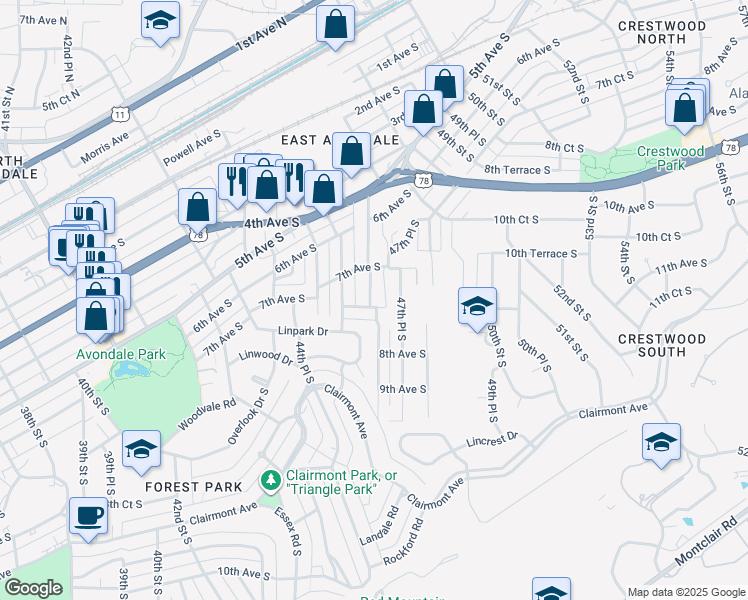 map of restaurants, bars, coffee shops, grocery stores, and more near 4700 7th Court South in Birmingham