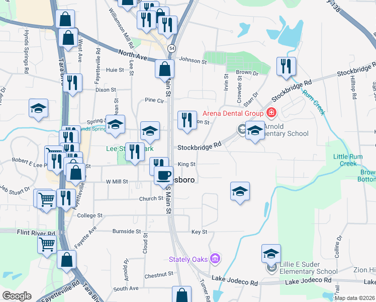 map of restaurants, bars, coffee shops, grocery stores, and more near 112 Stockbridge Road in Jonesboro