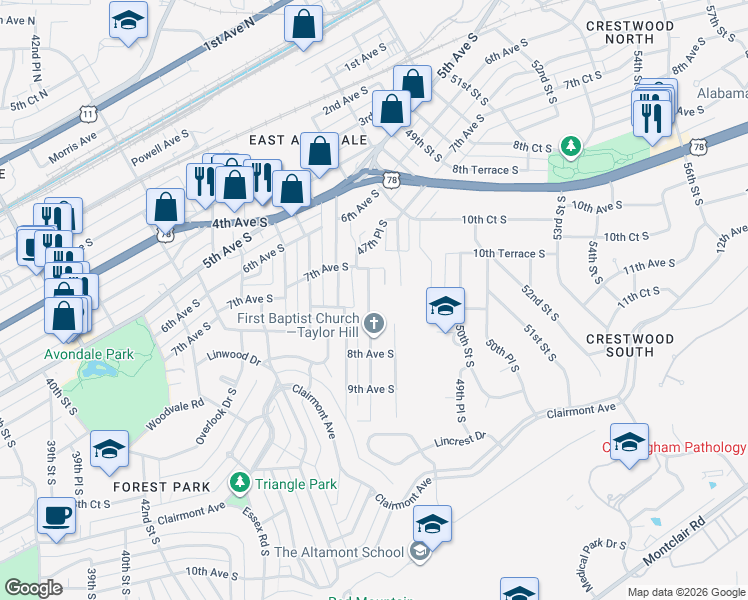 map of restaurants, bars, coffee shops, grocery stores, and more near 729 47th Place South in Birmingham