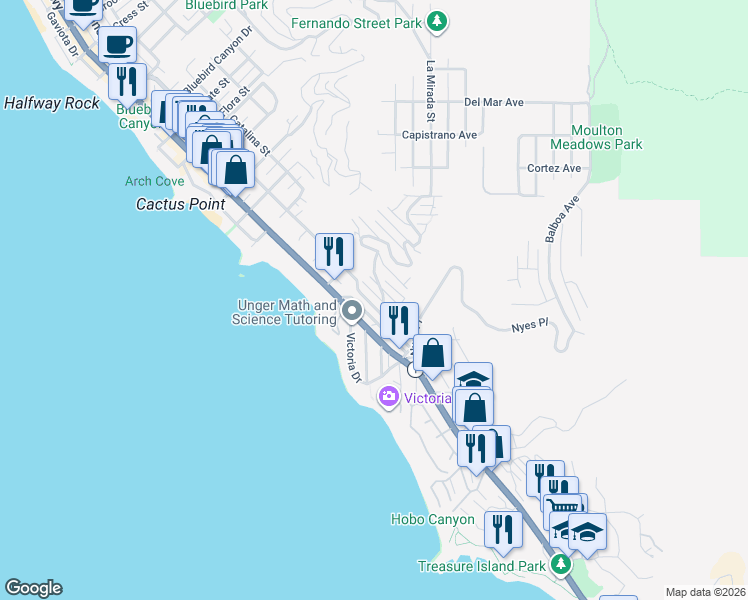 map of restaurants, bars, coffee shops, grocery stores, and more near 2675 Queda Way in Laguna Beach