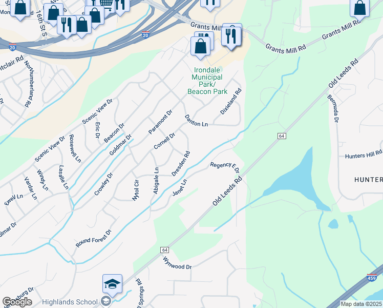 map of restaurants, bars, coffee shops, grocery stores, and more near 725 Terry Lane in Irondale