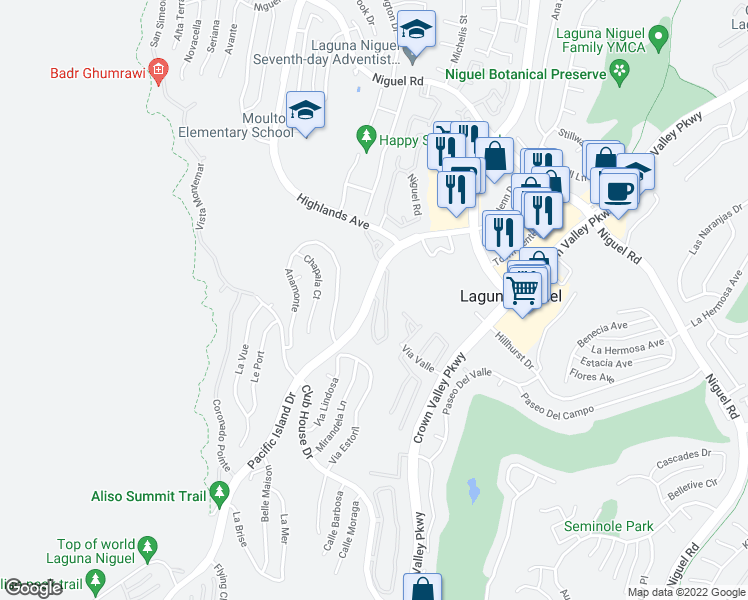map of restaurants, bars, coffee shops, grocery stores, and more near 30254 Pacific Island Drive in Laguna Niguel