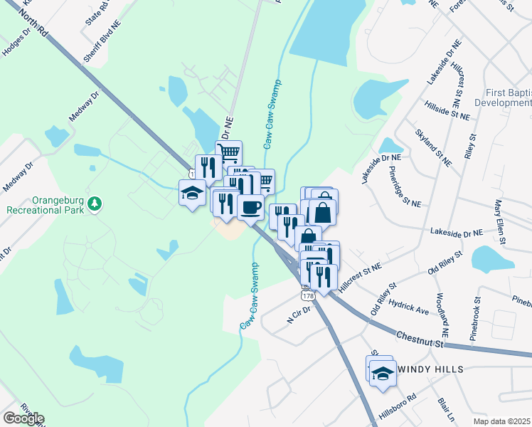 map of restaurants, bars, coffee shops, grocery stores, and more near 2500 North Road in Orangeburg