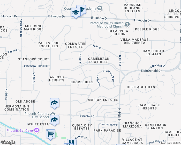 map of restaurants, bars, coffee shops, grocery stores, and more near 4129 East Palo Verde Drive in Phoenix