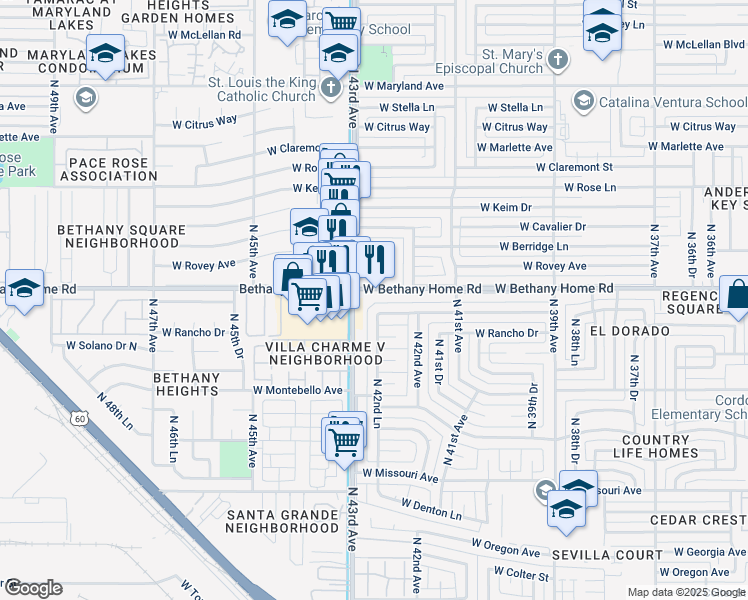 map of restaurants, bars, coffee shops, grocery stores, and more near 4230 West Palo Verde Drive in Phoenix