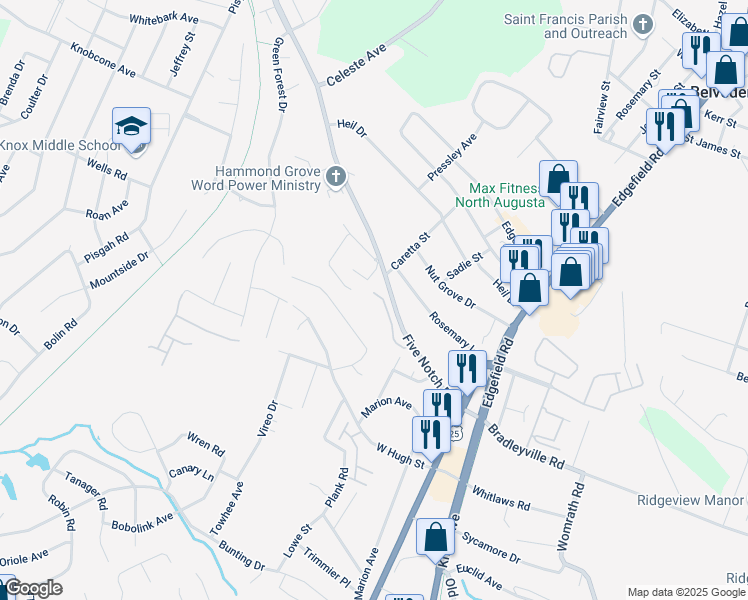 map of restaurants, bars, coffee shops, grocery stores, and more near 126 West Five Notch Road in North Augusta