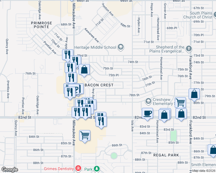 map of restaurants, bars, coffee shops, grocery stores, and more near 6302 77th St in Lubbock