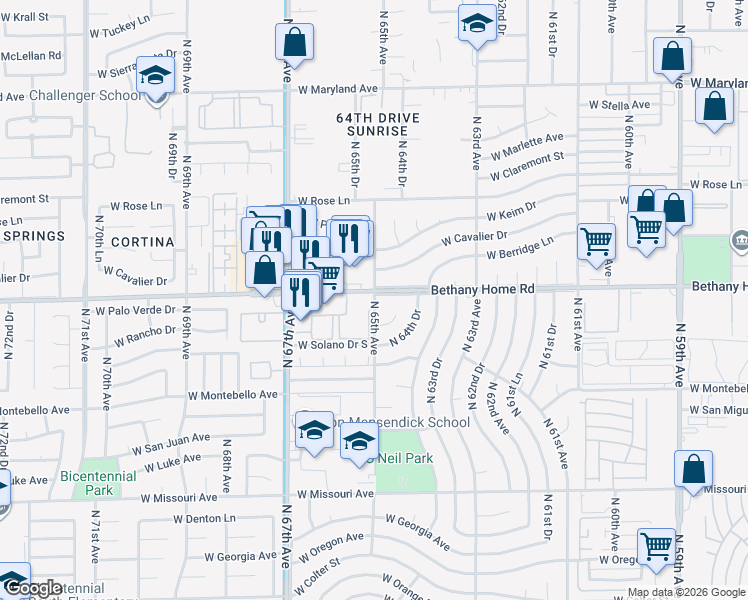 map of restaurants, bars, coffee shops, grocery stores, and more near 6565 West Bethany Home Road in Glendale
