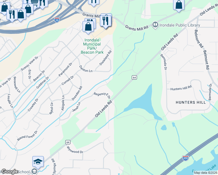 map of restaurants, bars, coffee shops, grocery stores, and more near 5119 Janet Lane in Irondale