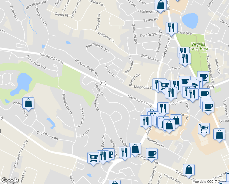 map of restaurants, bars, coffee shops, grocery stores, and more near 13 Bluff Pointe Way in Aiken
