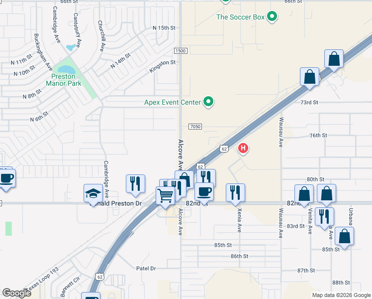 map of restaurants, bars, coffee shops, grocery stores, and more near 7701 Alcove Avenue in Wolfforth